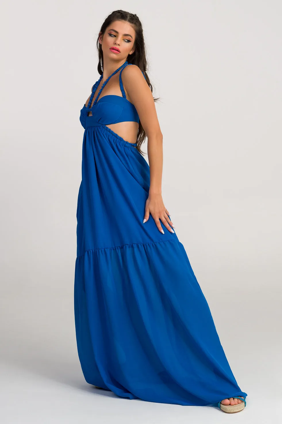 Lillian Blue Silk flared maxi dress