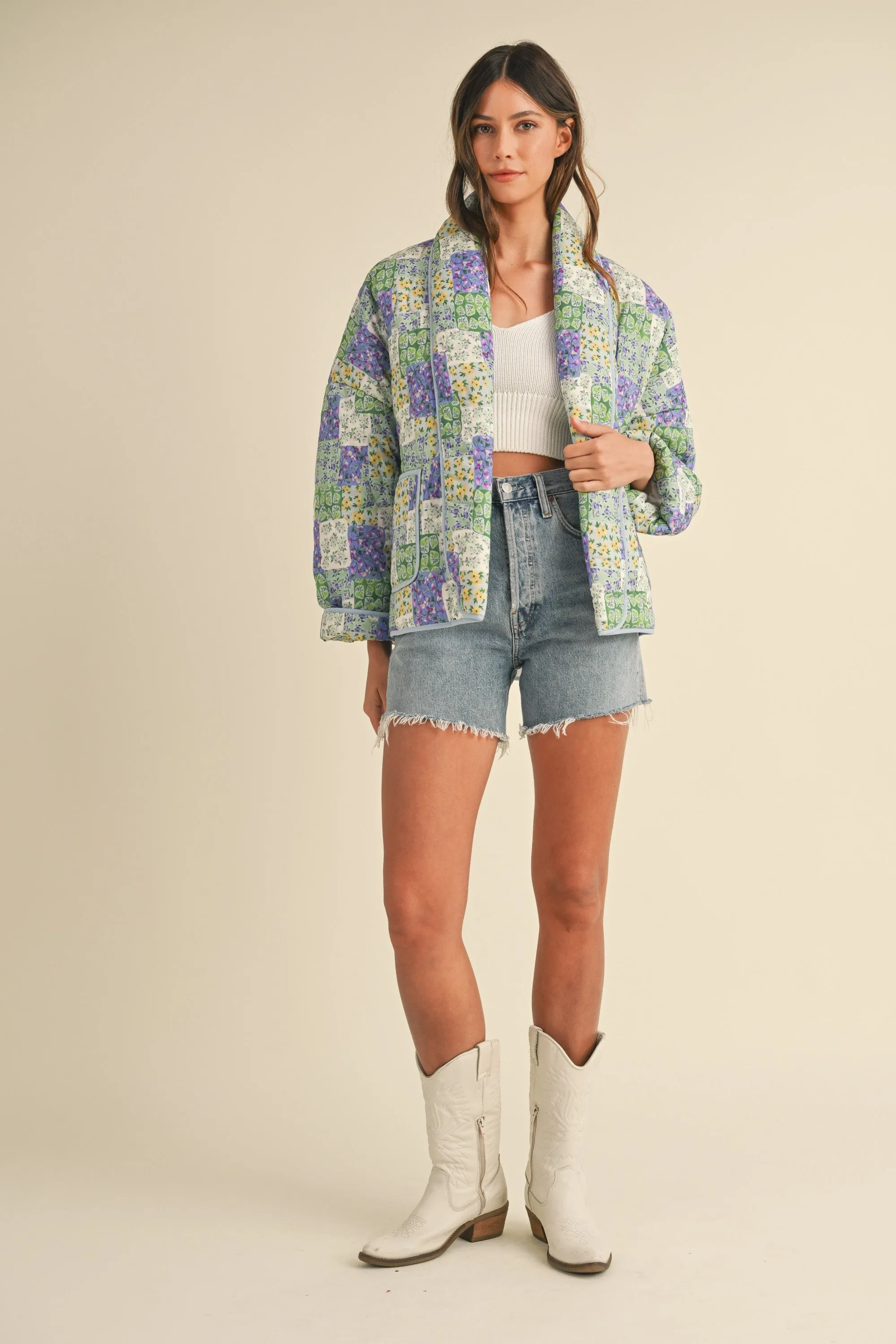 Matilda Floral Print Open Front Quilted Jacket