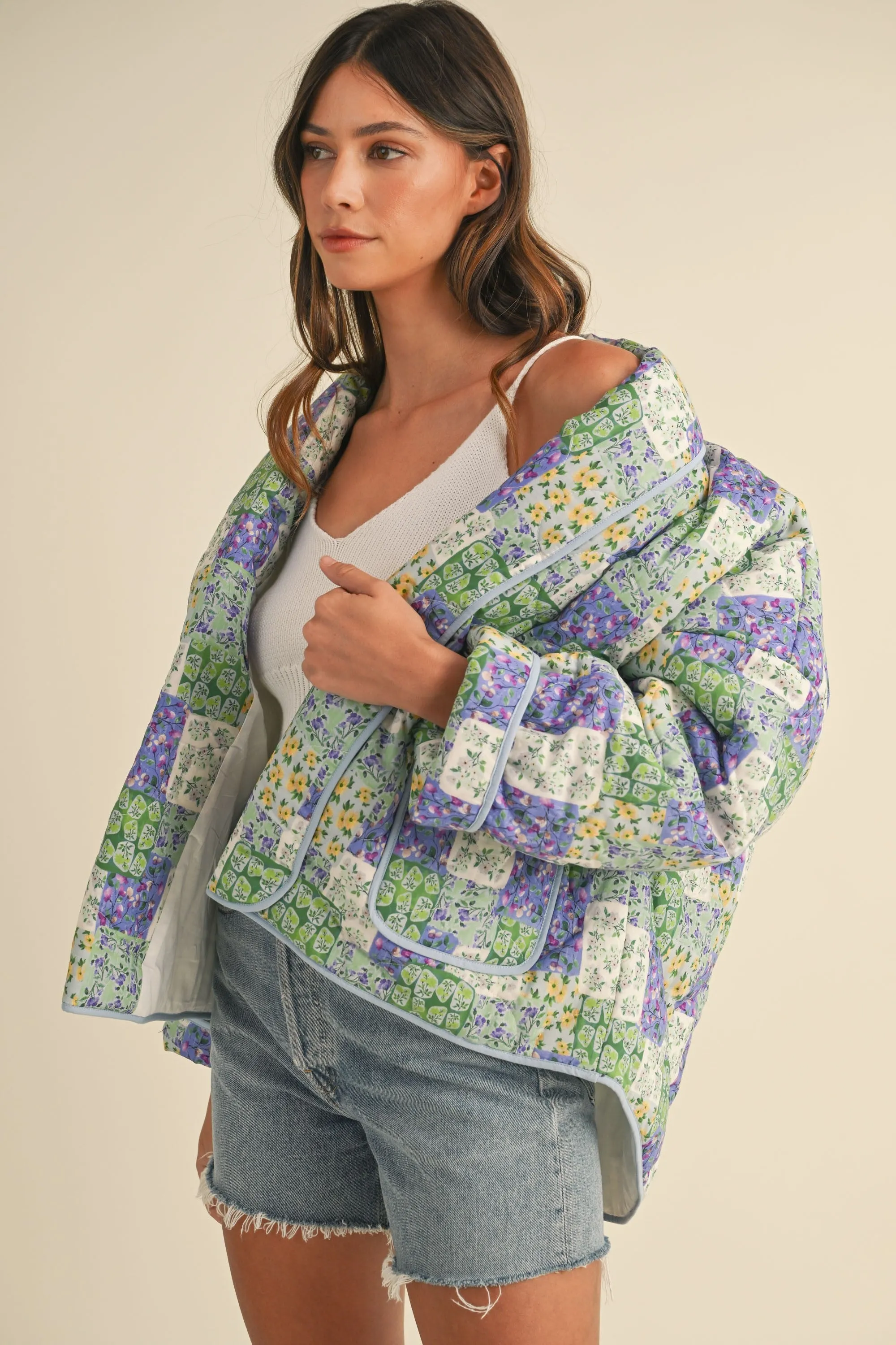 Matilda Floral Print Open Front Quilted Jacket