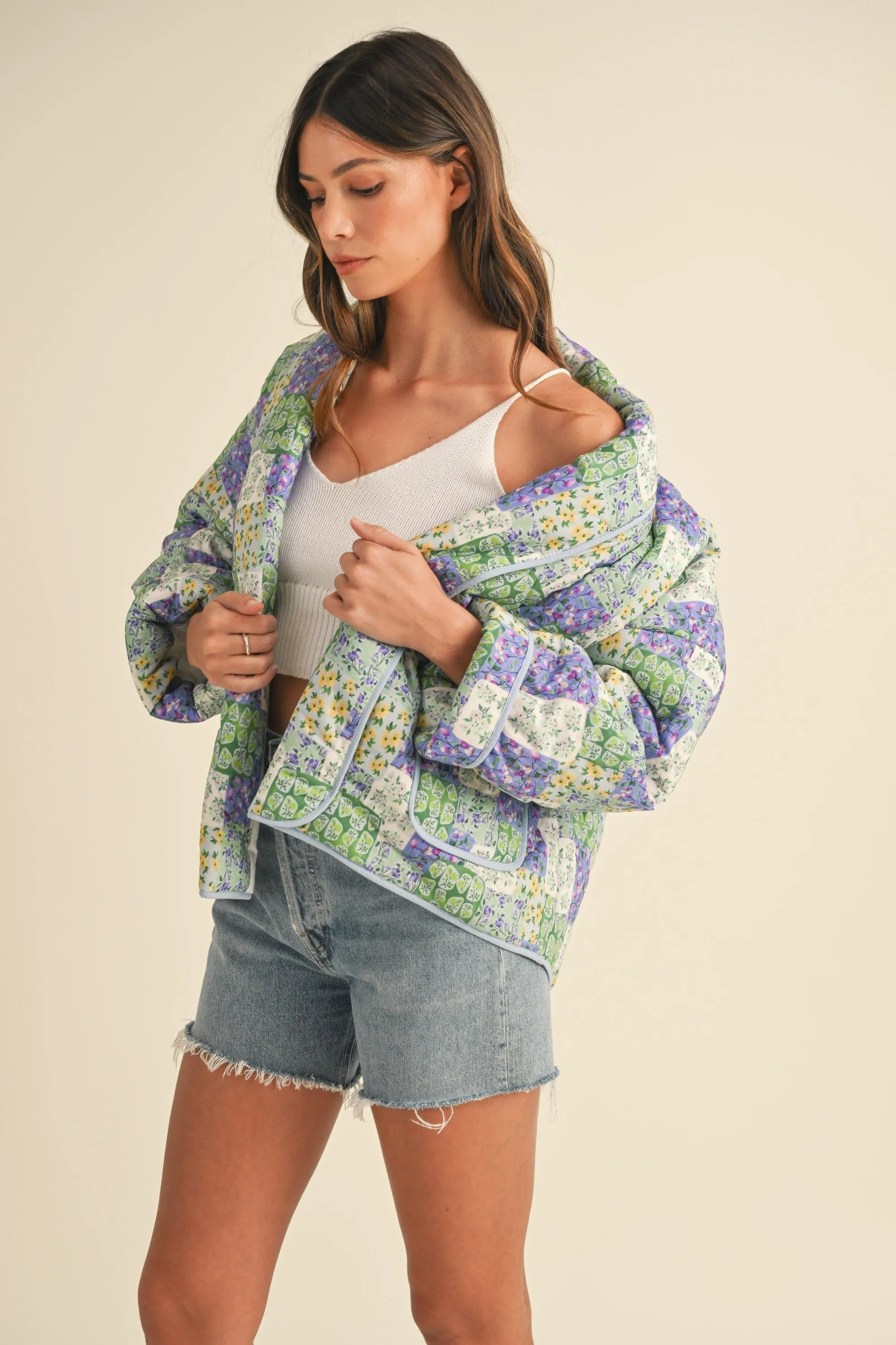 Matilda Floral Print Open Front Quilted Jacket