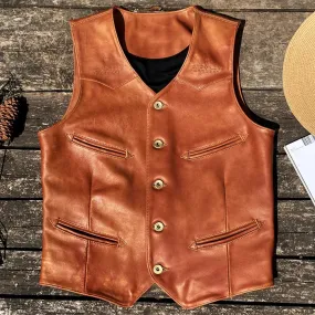 Men's Genuine American Cowhide Leather Summer Vest - Workwear Waistcoat