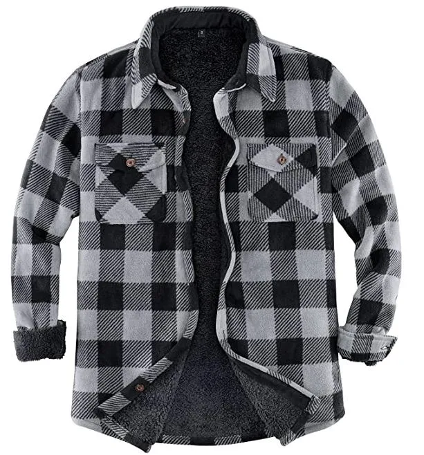 Men's Grey Plaid Warm Sherpa Lined Fleece Jacket