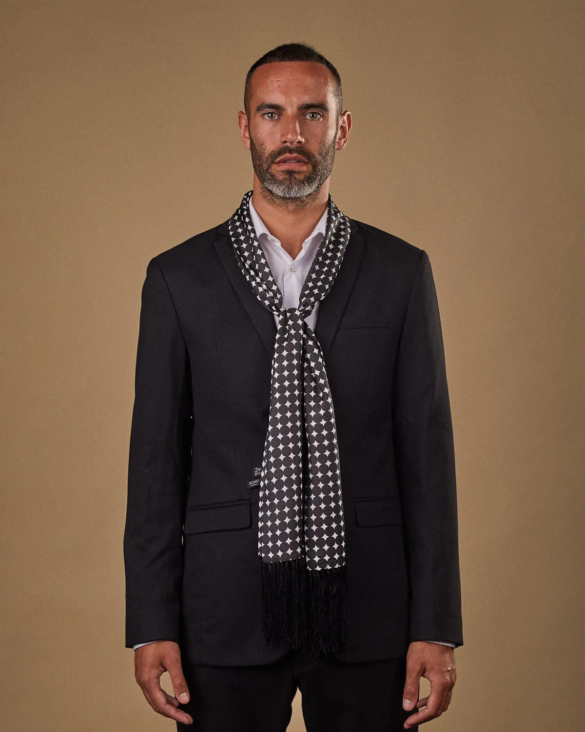 Mens Silk Aviator Scarf in Black & White Spots - The Grant