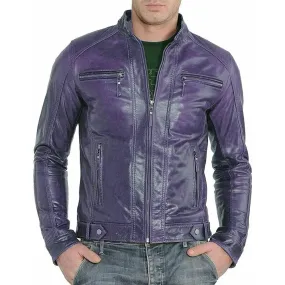 Men's Slim Fit Cafe Racer Purple Leather Jacket