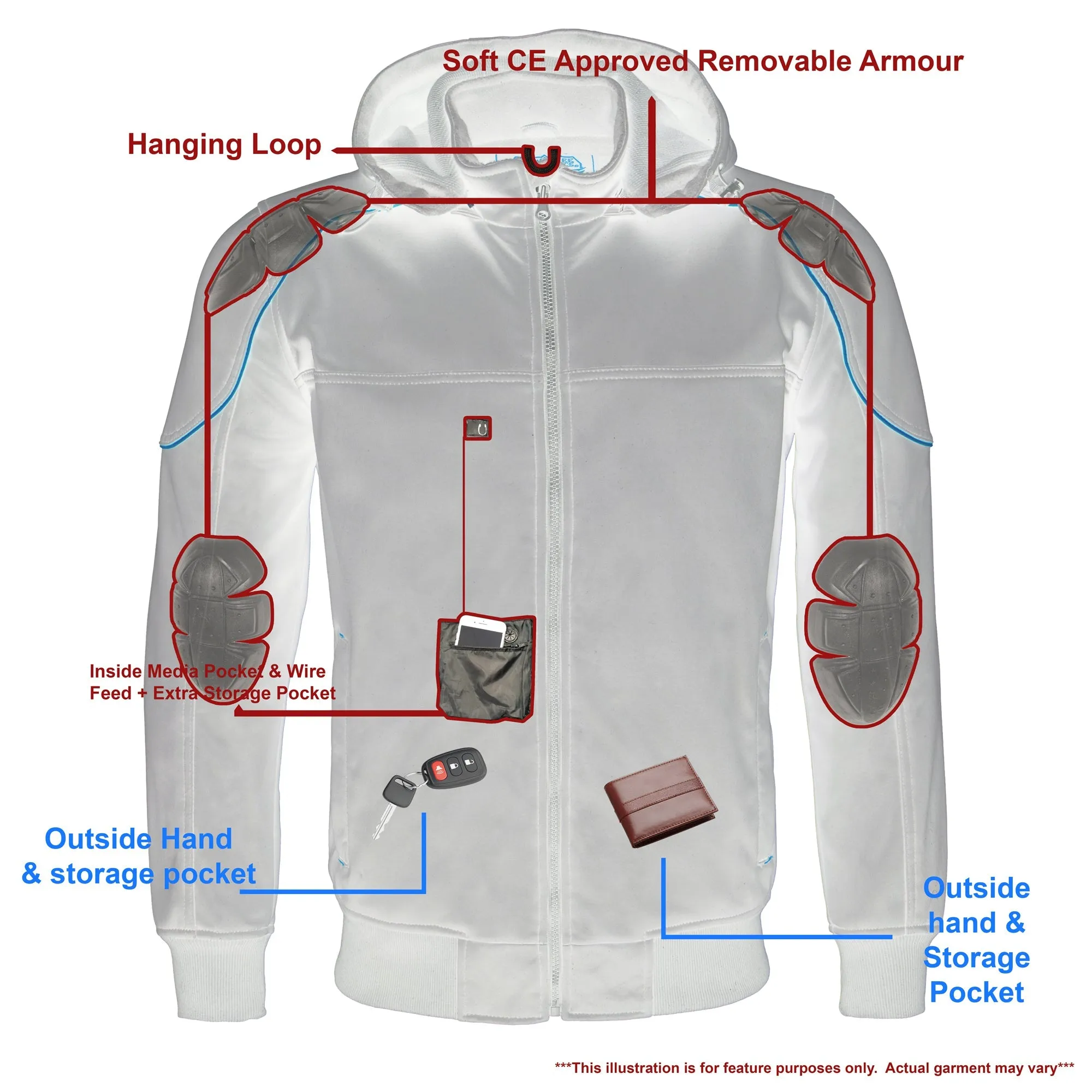 Mens Soft Shell Armored Racing Style Jacket w/ Detachable Hood