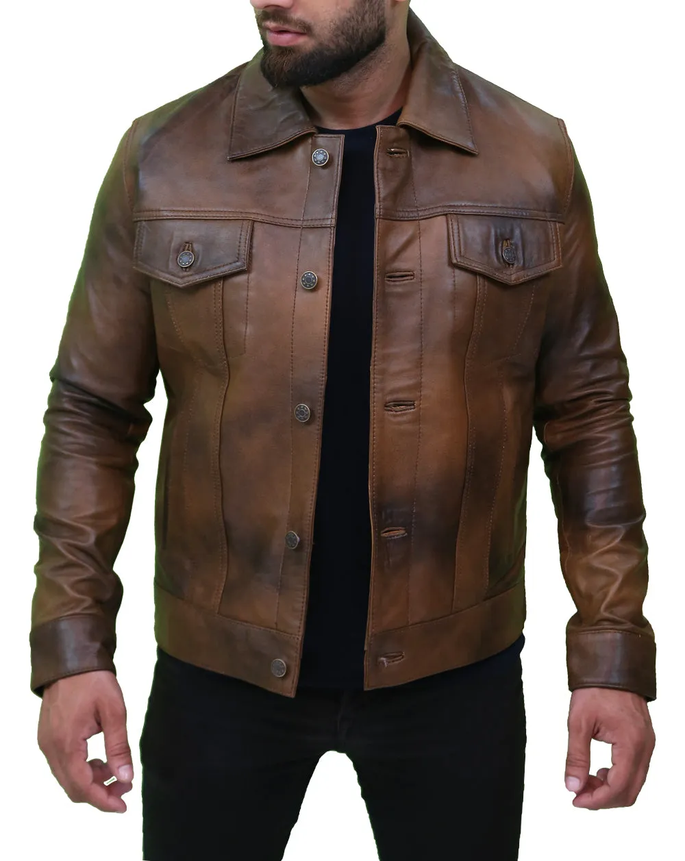 Mens Vintage Classic Leather Trucker Jacket