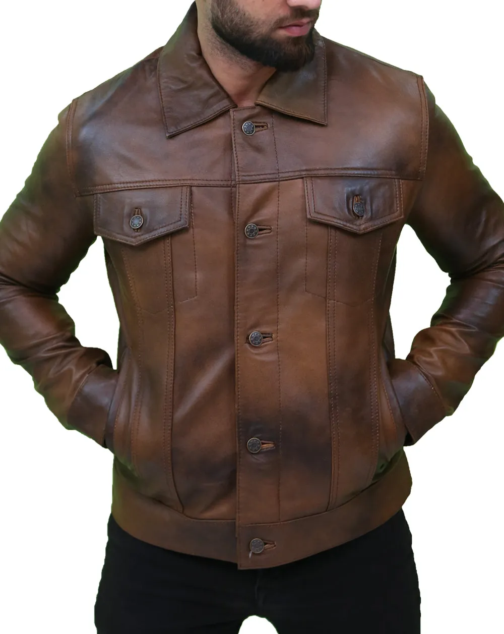 Mens Vintage Classic Leather Trucker Jacket