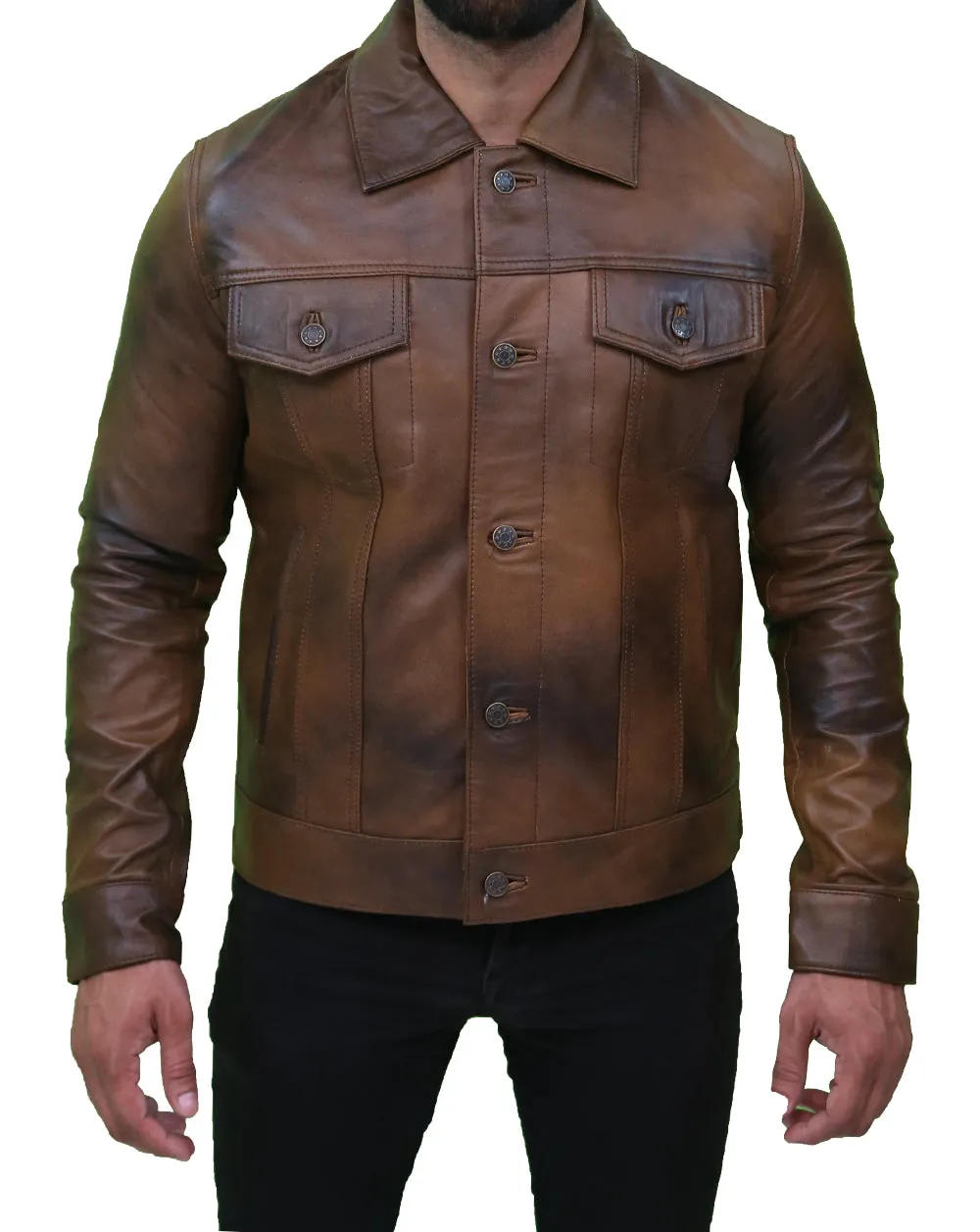 Mens Vintage Classic Leather Trucker Jacket