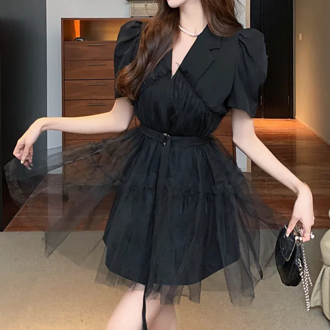 Mesh Suit Collar Waist Puff Sleeve Dress