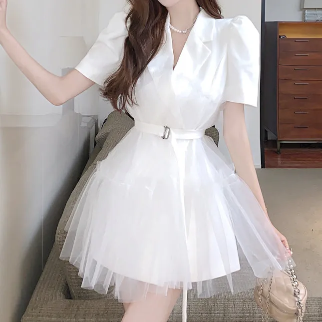 Mesh Suit Collar Waist Puff Sleeve Dress