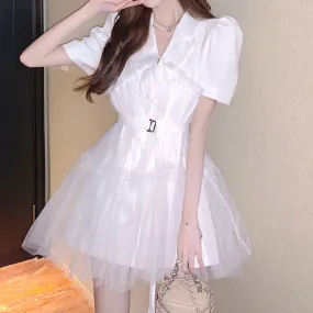 Mesh Suit Collar Waist Puff Sleeve Dress