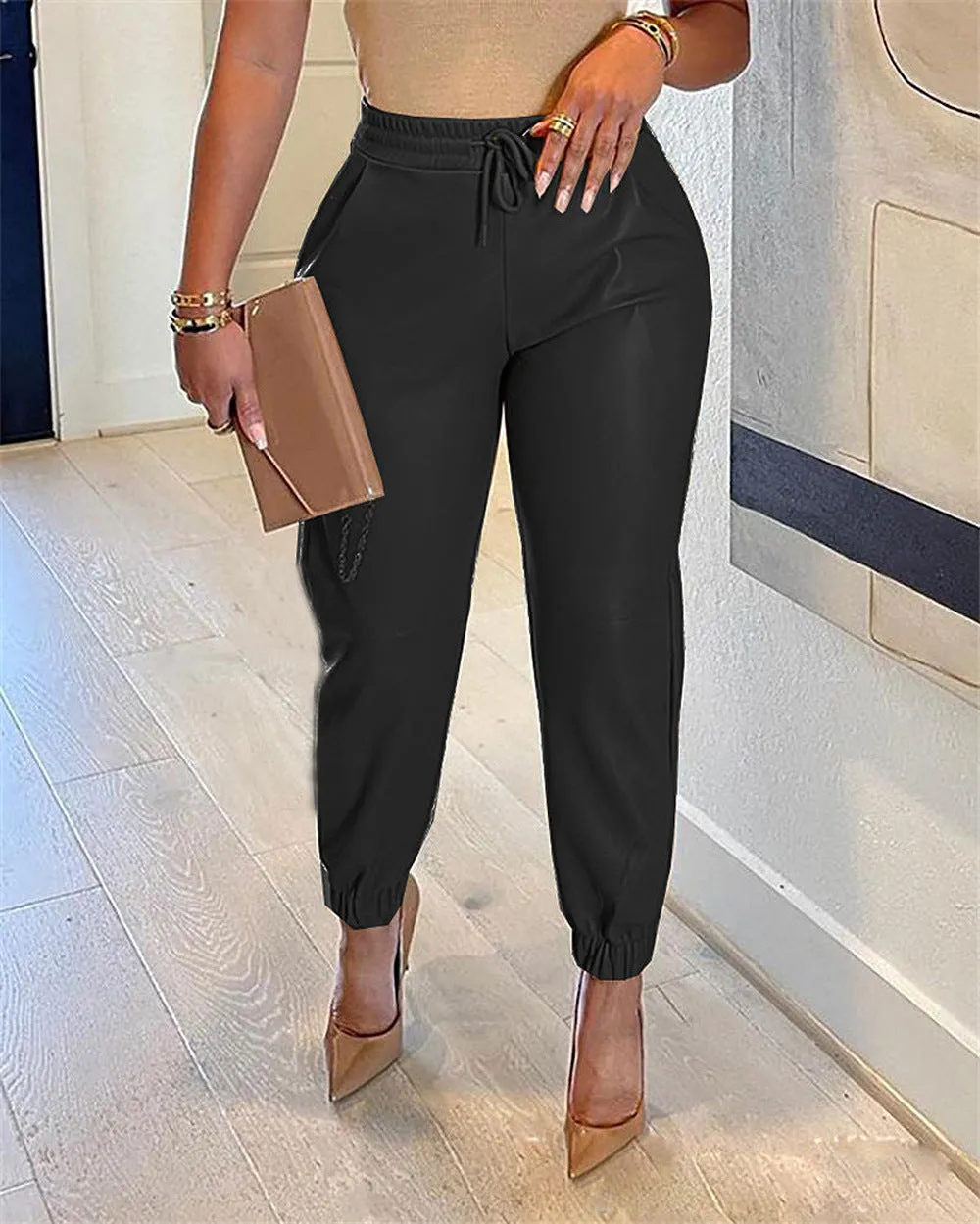 NAOMI: Elegante Faux Leder Joggers