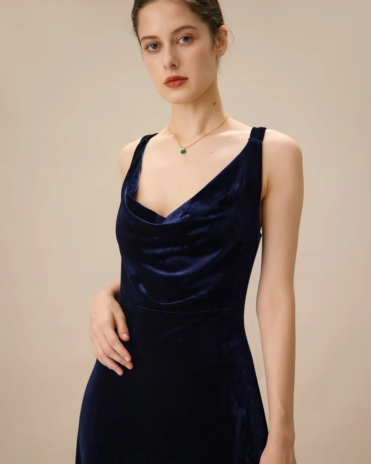 Navy Cowl Neck Velvet Maxi Dress