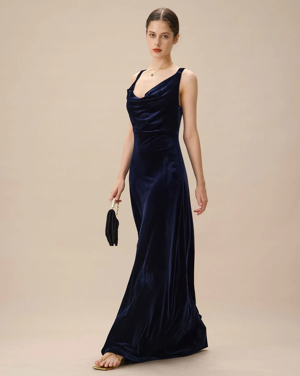 Navy Cowl Neck Velvet Maxi Dress