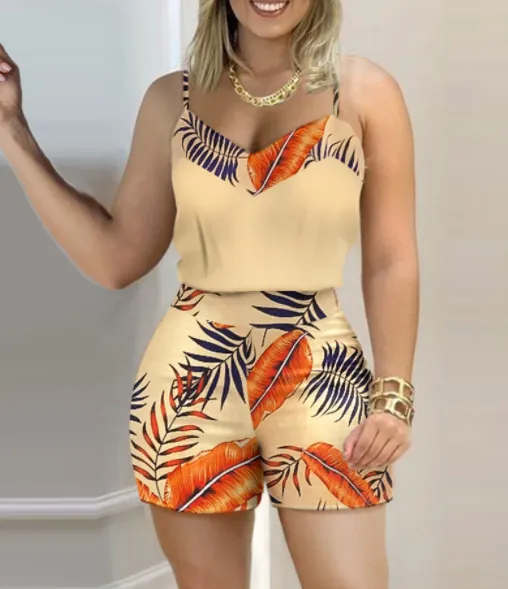 New Women  Clothes Printed Overall Dress Set Shorts