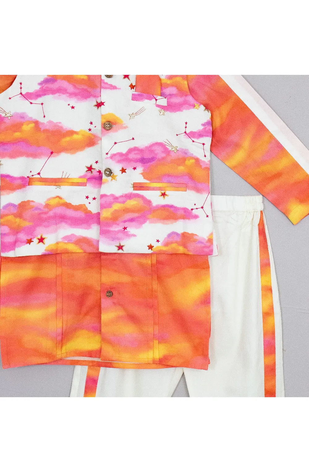 Orange Tie And Dye Printed Kurta With Cloud Printed Jacket Set