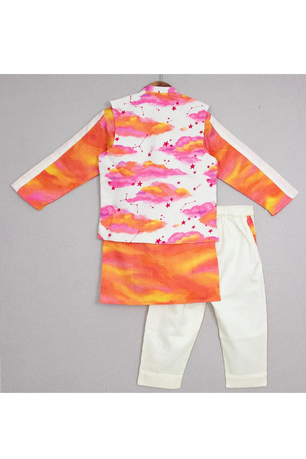 Orange Tie And Dye Printed Kurta With Cloud Printed Jacket Set