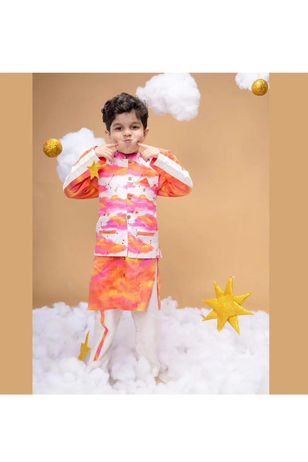 Orange Tie And Dye Printed Kurta With Cloud Printed Jacket Set