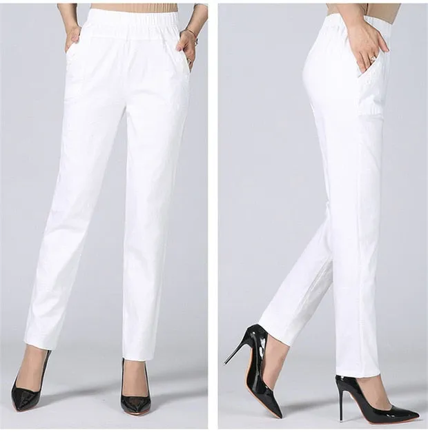 Plus Size 5XL High Waist Stretch Long Pants Women Cotton Straight