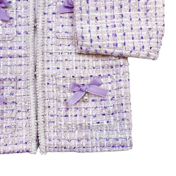 Purple Bowtie Pearl Trim Tweed Jacket