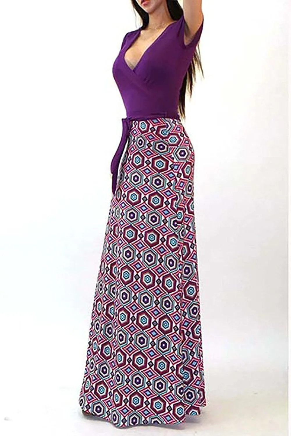 Purple Two Tone Short Sleeve V-Neck Abstract Maxi Dress