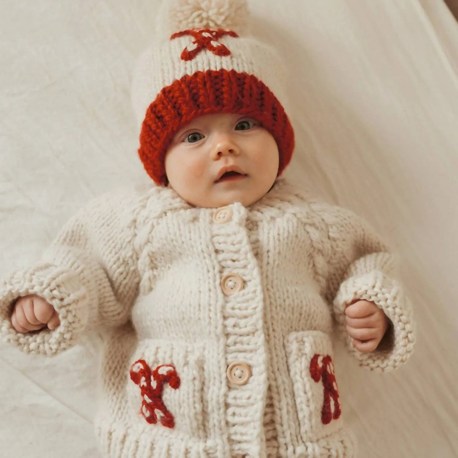 "candy Cane" Sweater For Baby Girls Or Boys In Ivory/red