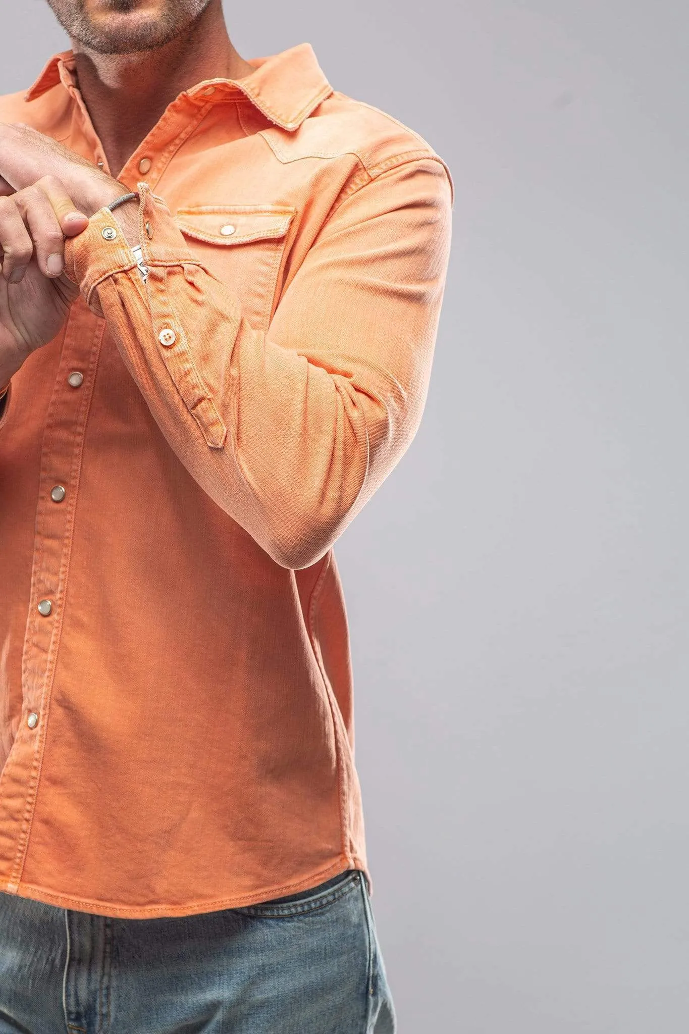 Ranger Colored Denim Snap Shirt In Tangerine