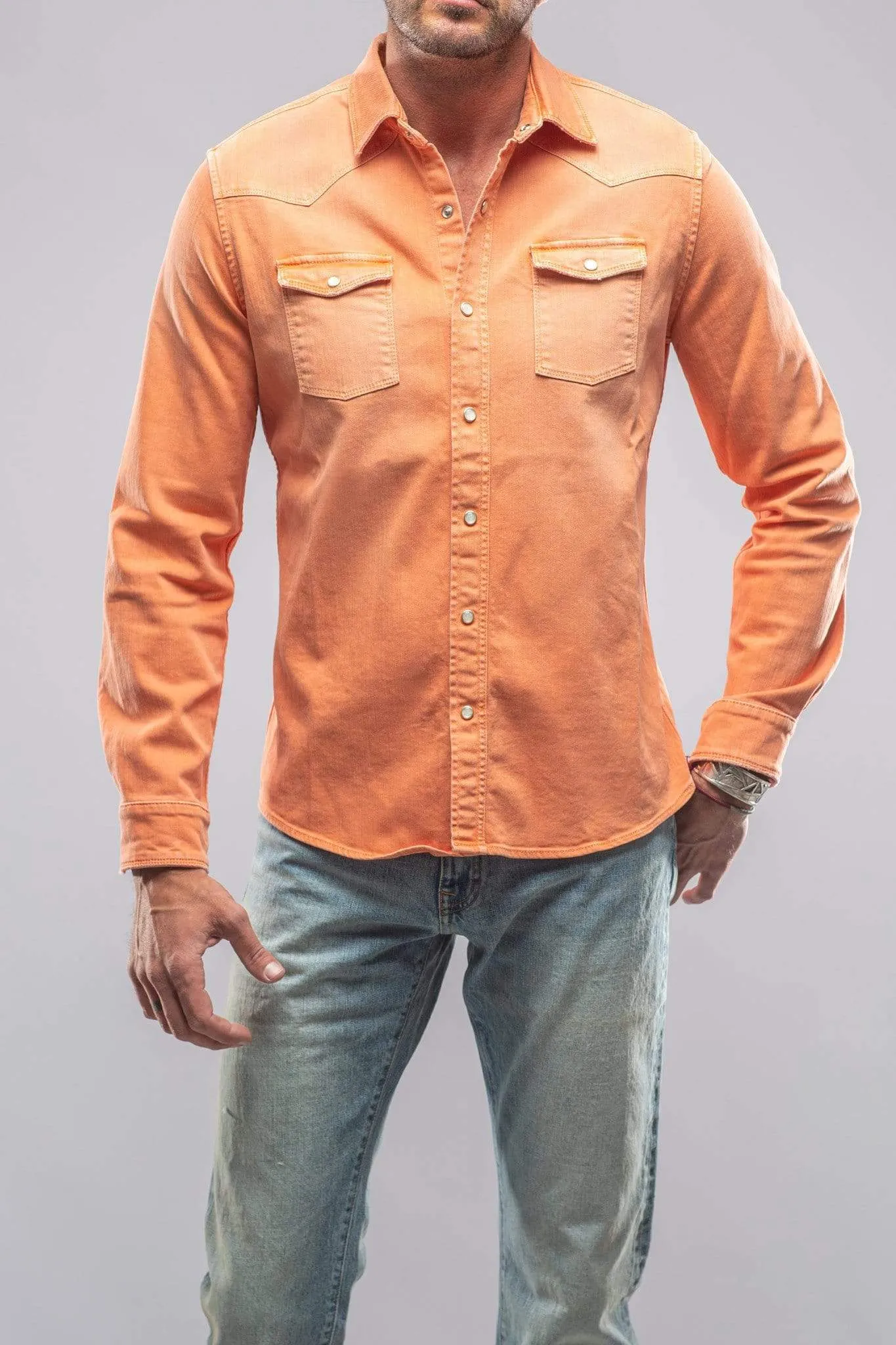 Ranger Colored Denim Snap Shirt In Tangerine