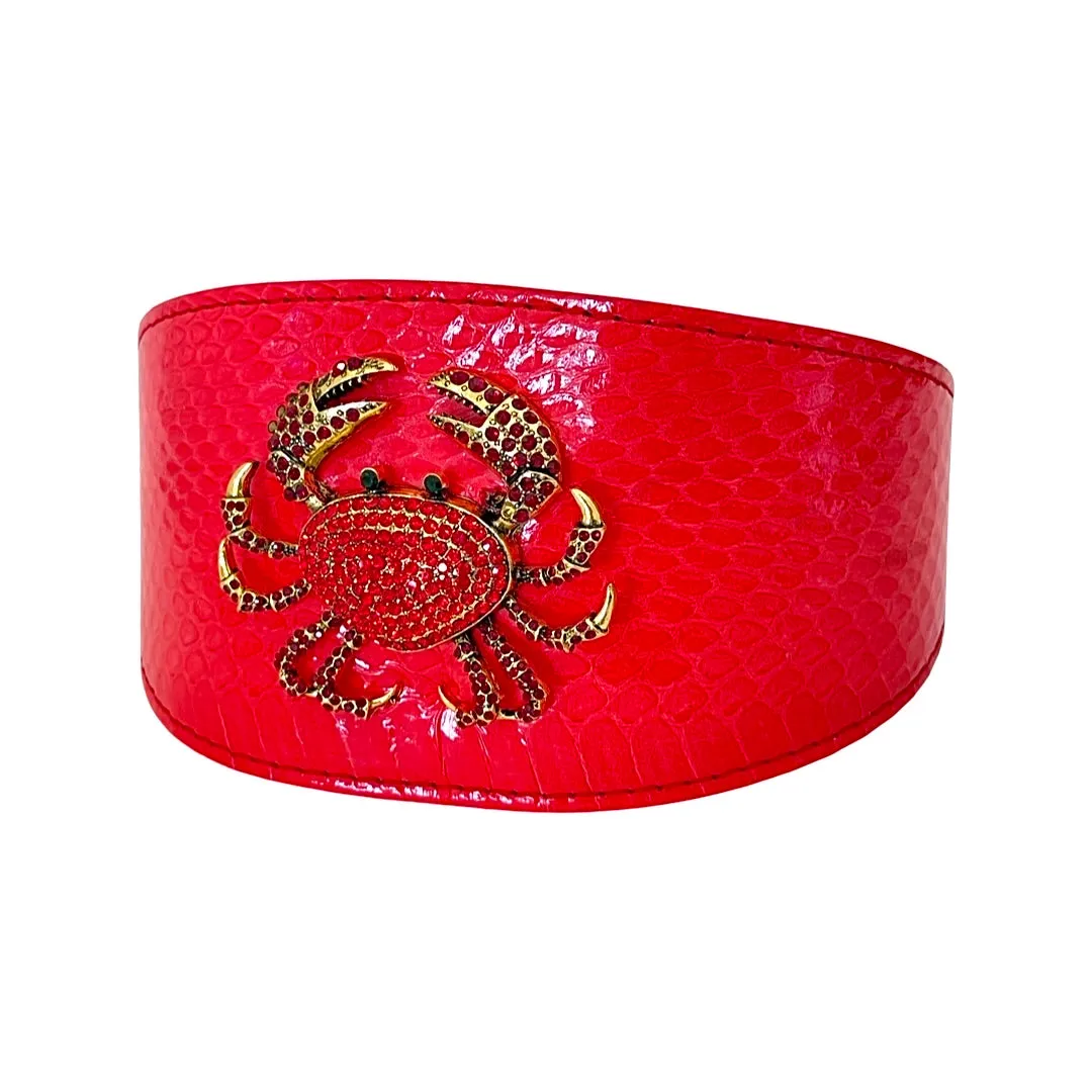 Red Orange Snake Wide Style Collar With Rhinestone Crab Accessory