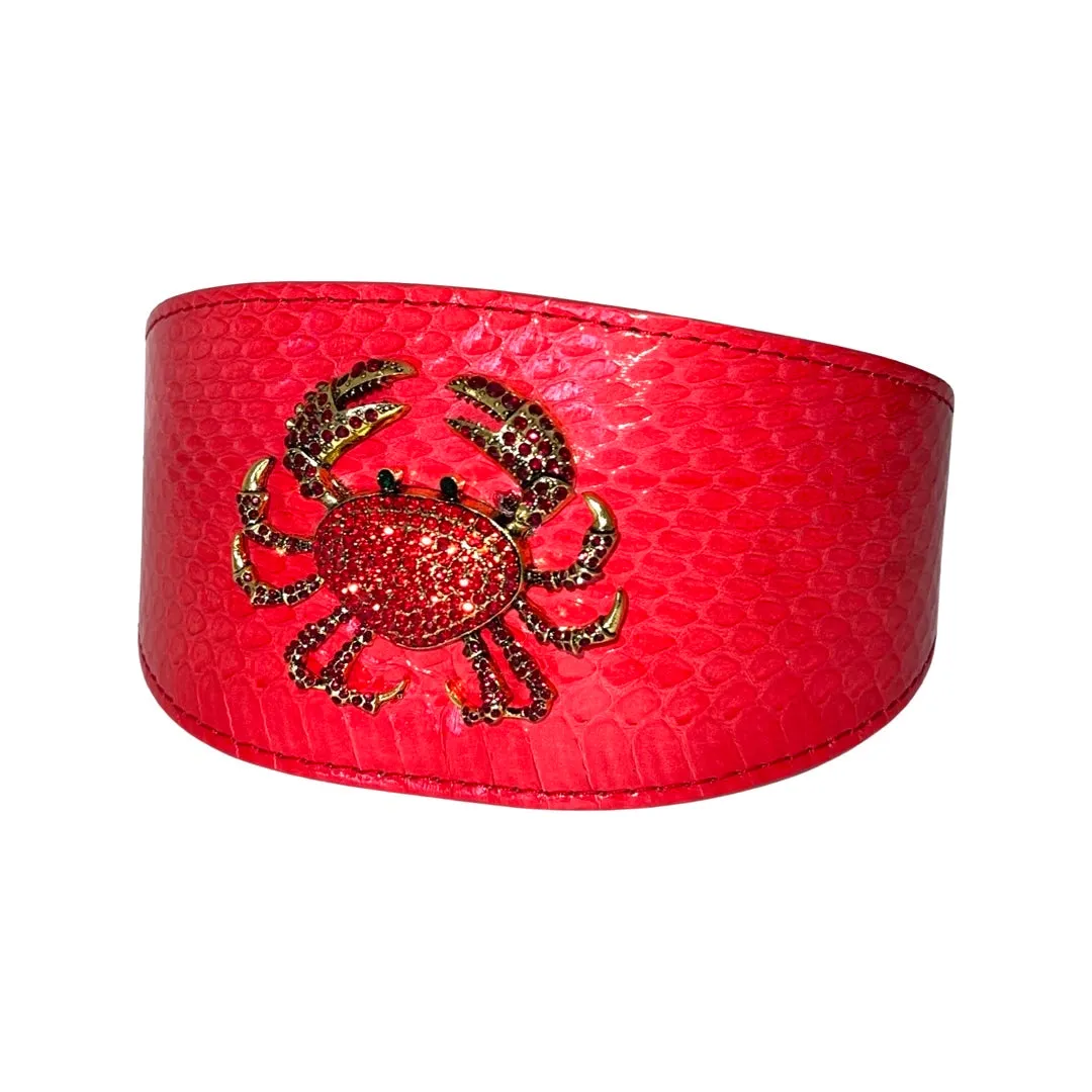 Red Orange Snake Wide Style Collar With Rhinestone Crab Accessory