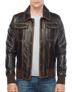 Rugged Distressed Brown Leather Bomber Jacket