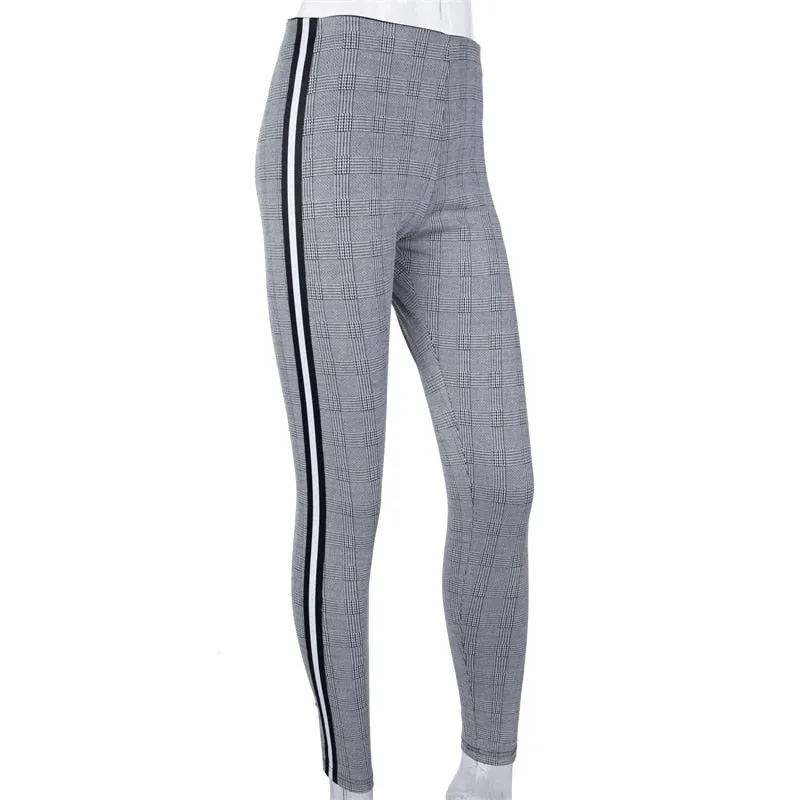 Side Striped Plaid Print High Elastic Waist Pencil Pants