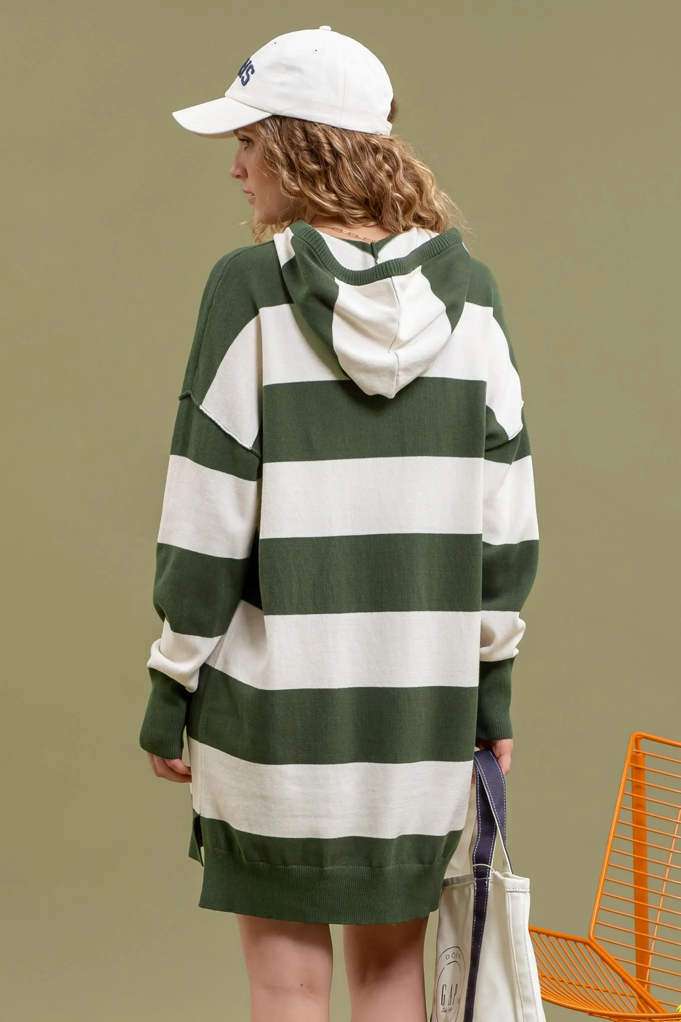 STRIPED DRAWSTRING HOODIE MINI KNIT DRESS