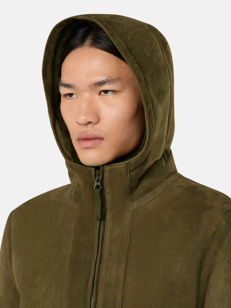 SUEDE SHEEPSKIN Hooded Jacket with Anti-Drop and Zipper - Military Green