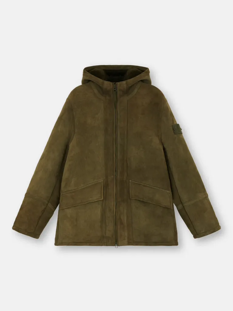 SUEDE SHEEPSKIN Hooded Jacket with Anti-Drop and Zipper - Military Green