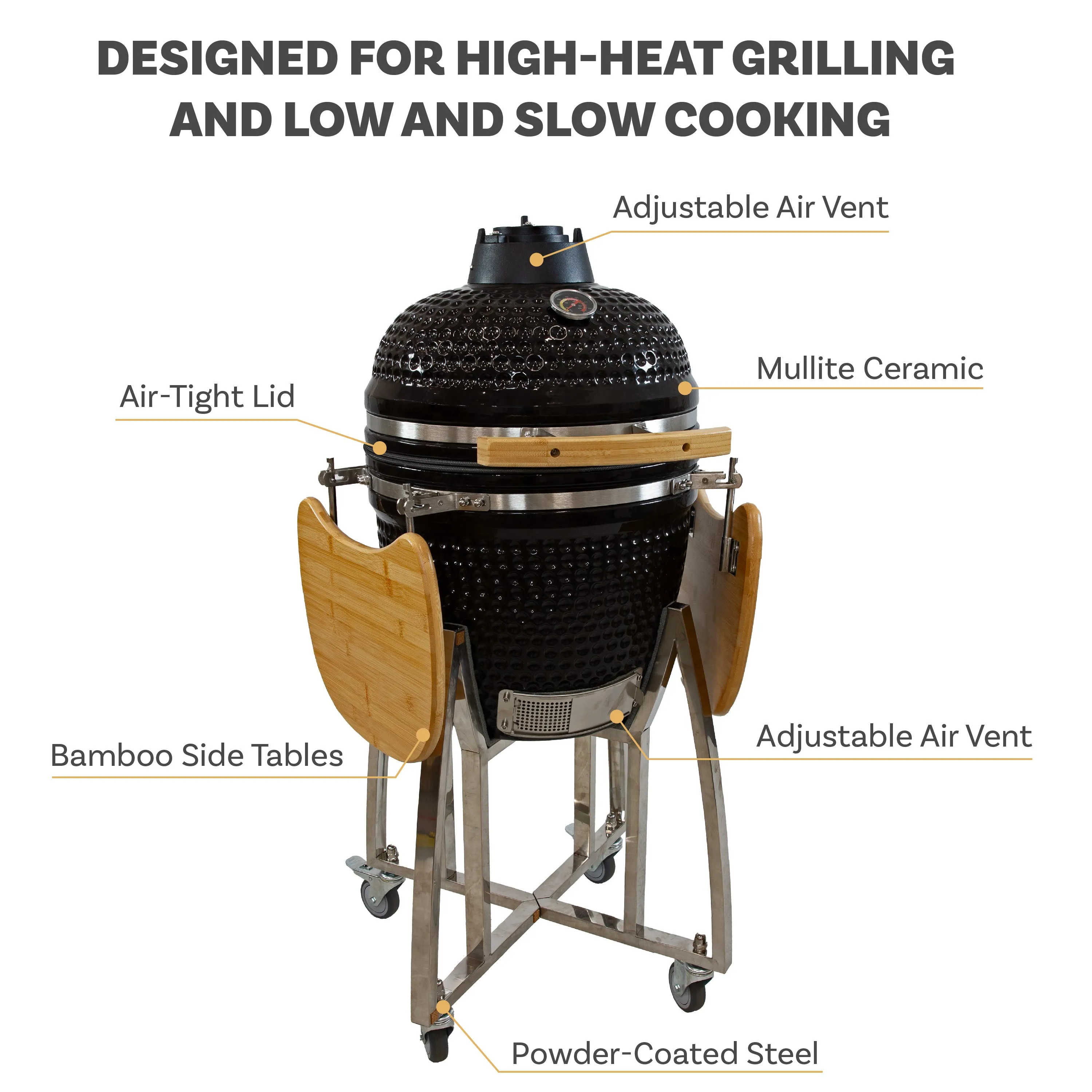 Sunnydaze Kamado Charcoal Grill and Smoker with Side Tables and Wheels