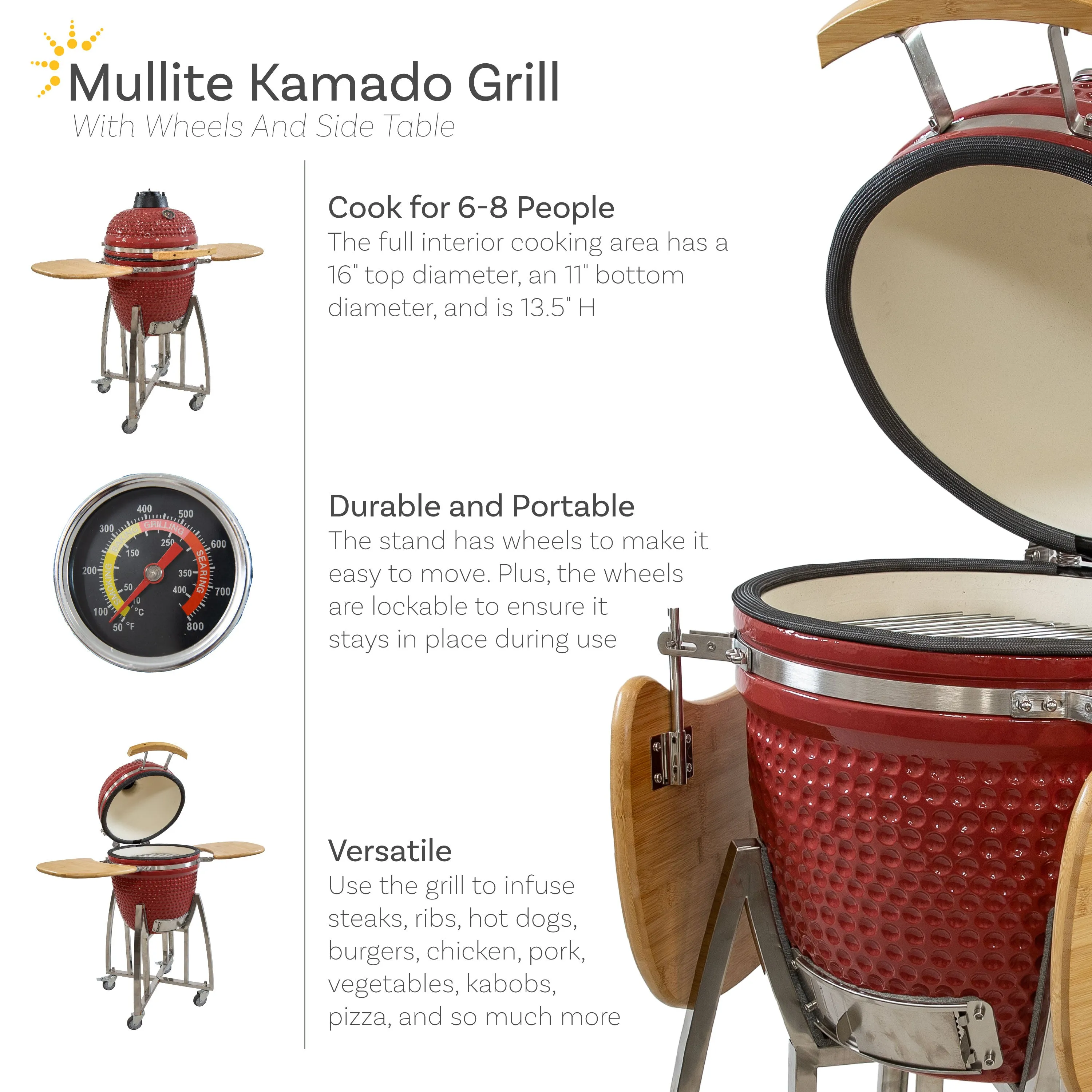 Sunnydaze Kamado Charcoal Grill and Smoker with Side Tables and Wheels