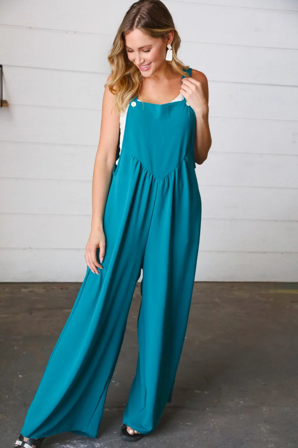 Teal Wide Leg Suspender Overall Jumpsuit