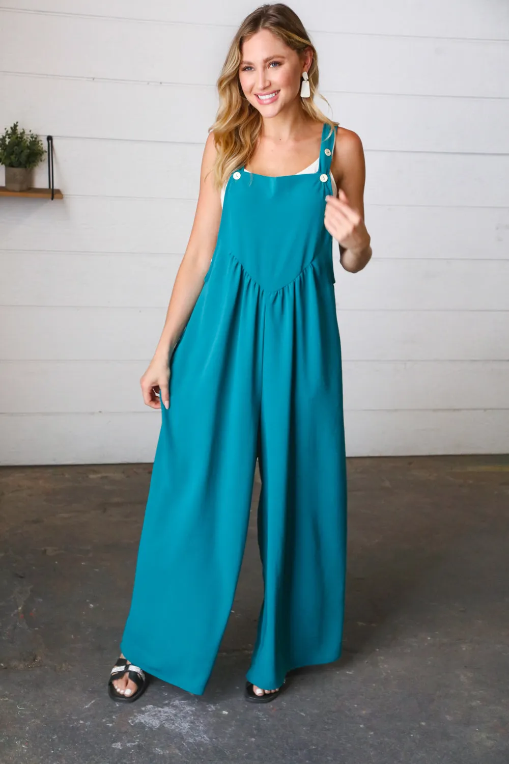 Teal Wide Leg Suspender Overall Jumpsuit