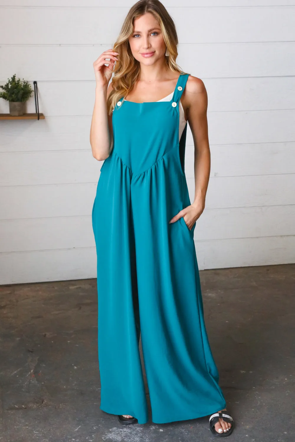 Teal Wide Leg Suspender Overall Jumpsuit