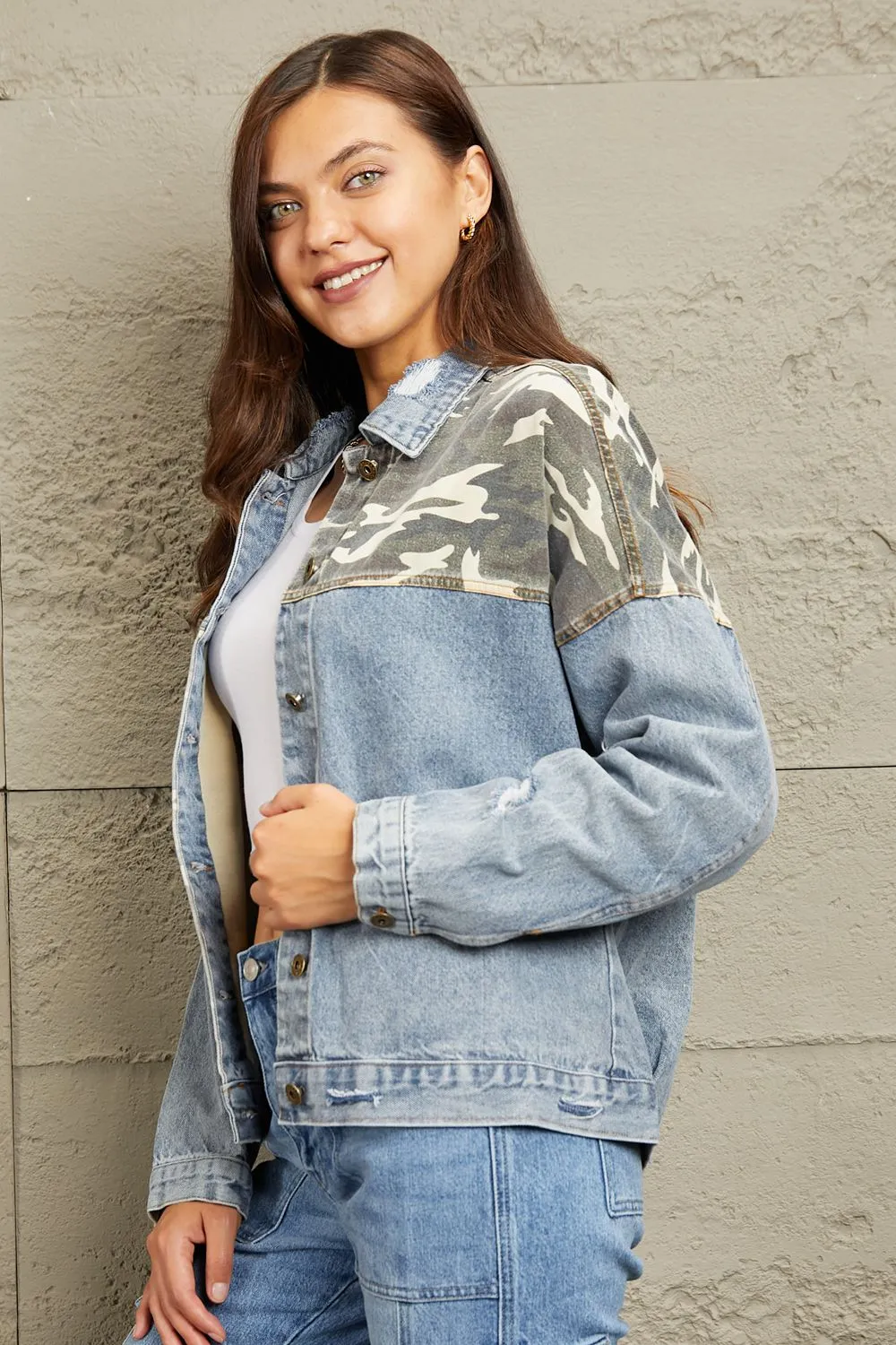 Washed Denim Camo Contrast Jacket