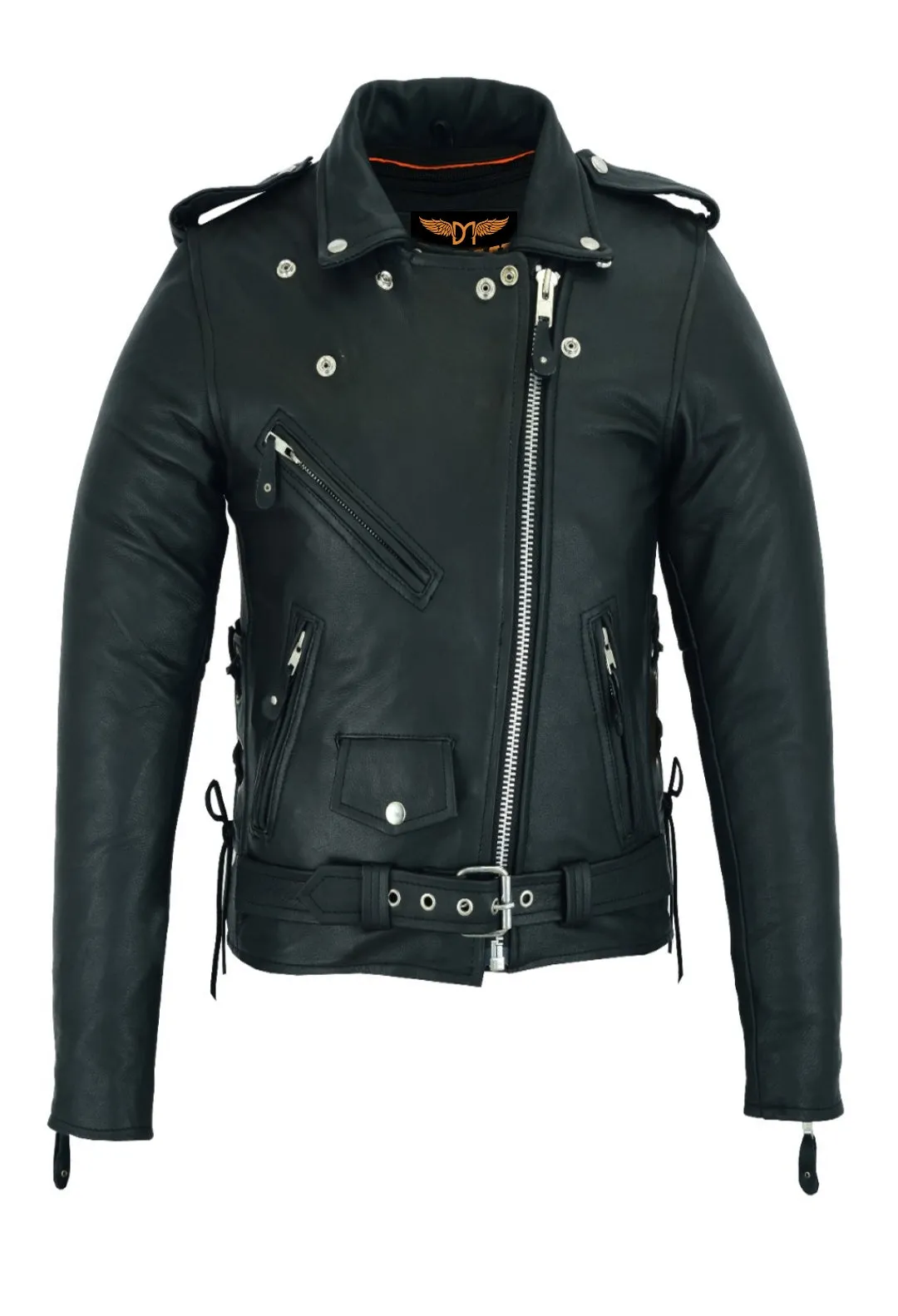 Women Motorcycle Classic Leather Jacket Premier Cowhide Leather Gun Pockets Side Laces