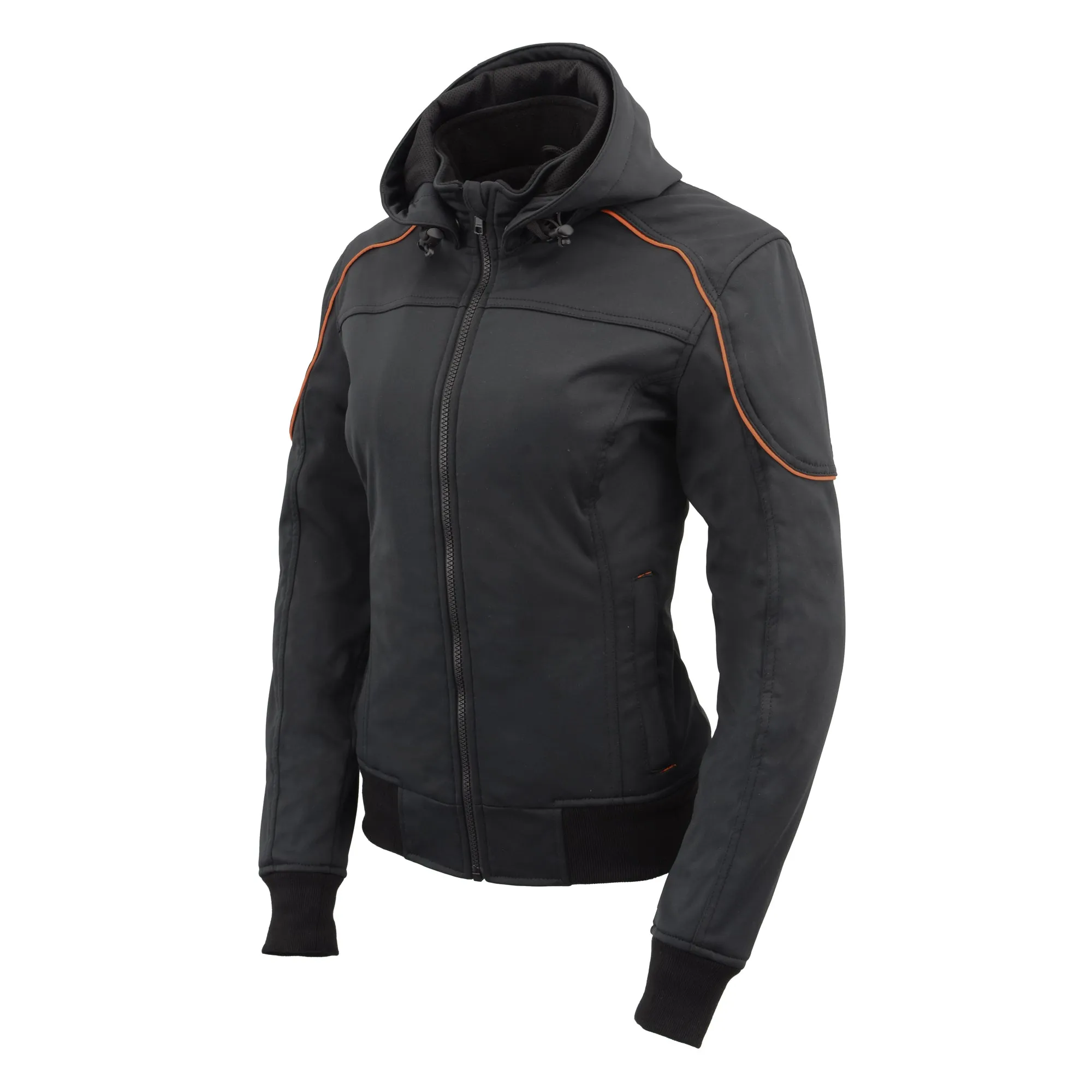 Women Soft Shell Armored Racing Style Jacket with Detachable Hood