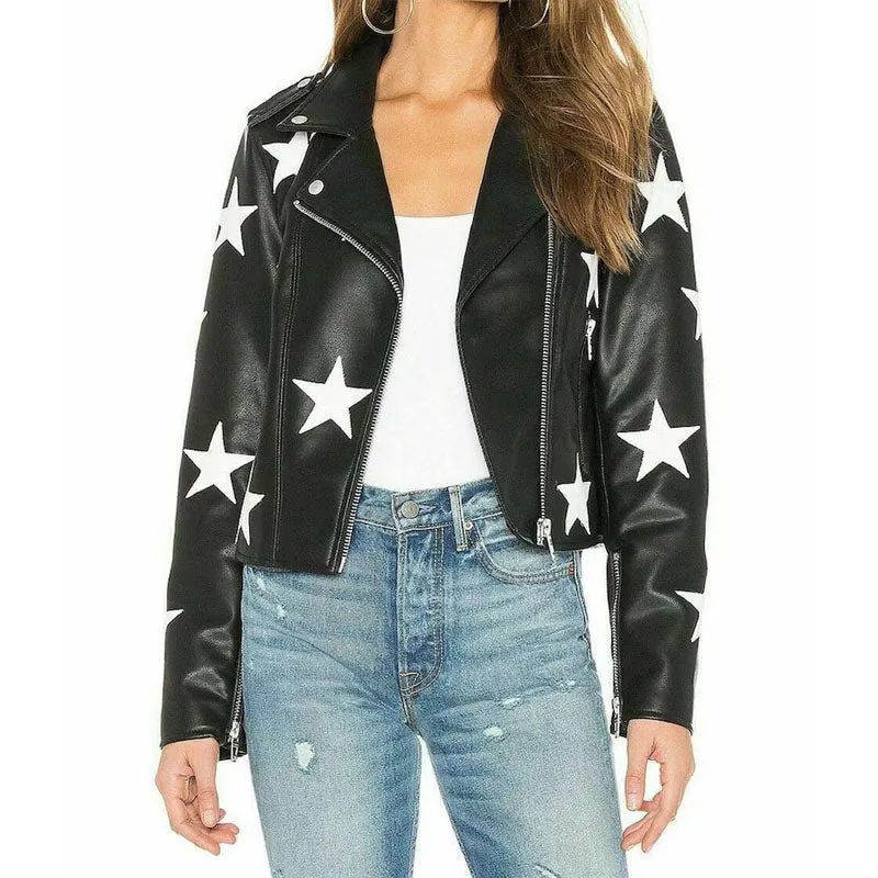 Women Vintage Biker Unique Stars Motorcycle Jacket