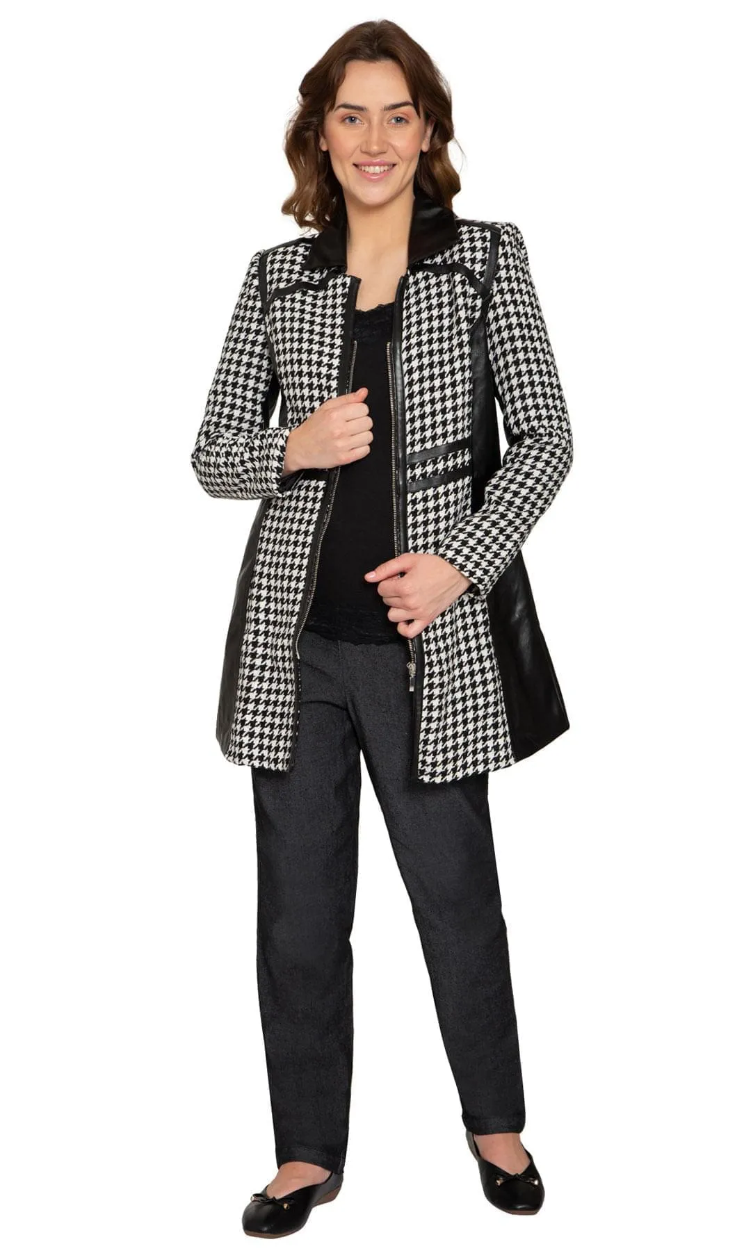 Women's Houndstooth Zip Front Mixed Media Vegan Leather Jackets