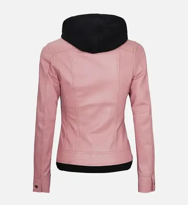 Women's Pink Leather Jacket With Hood