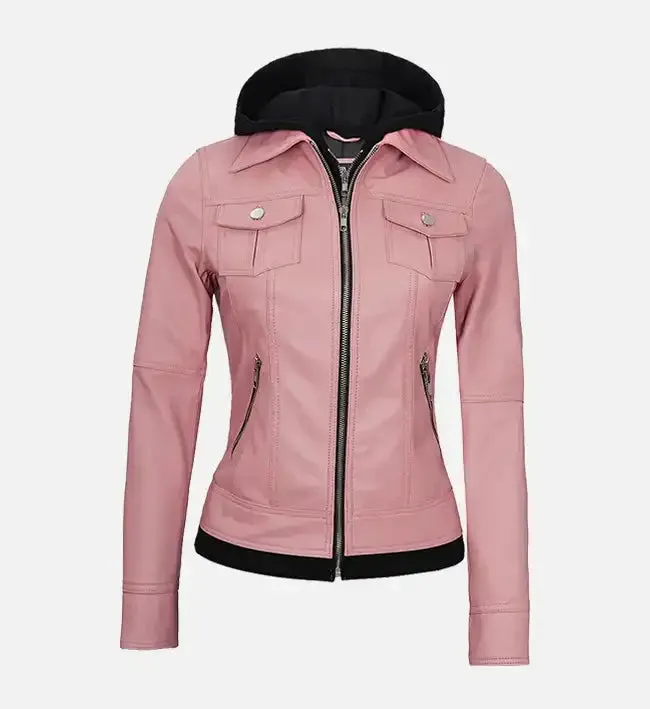 Women's Pink Leather Jacket With Hood