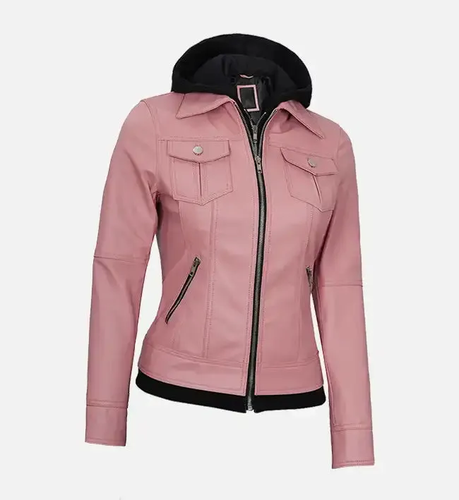 Women's Pink Leather Jacket With Hood