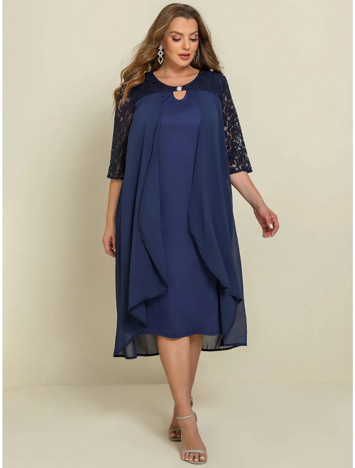 Women‘s Plus Size Curve Work Dress Chiffon Dress Swing Dress Long Dress Maxi Dress 3/4 Length Sleeve Lace Layered V Neck Outdoor Summer Spring Wedding Guest Dress