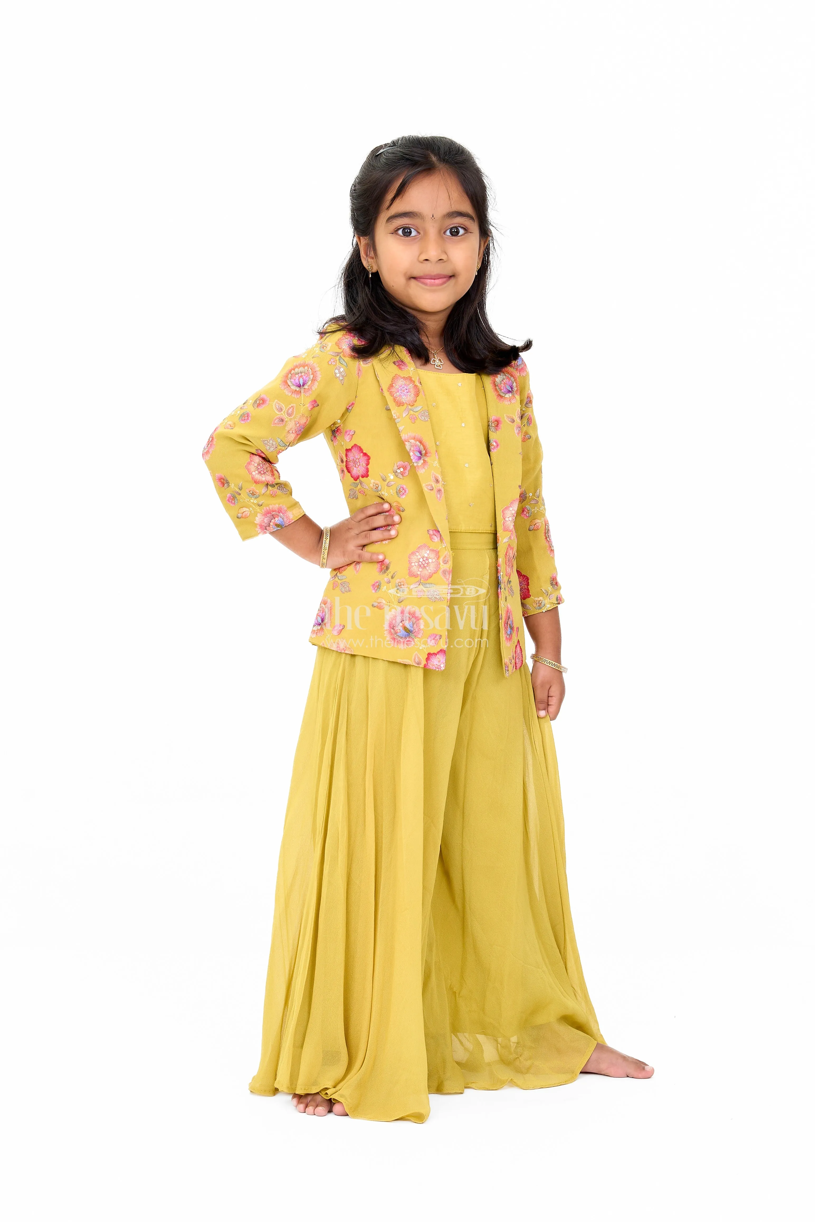 Yellow Georgette Sharara Set for Girls with Haldi Function Theme